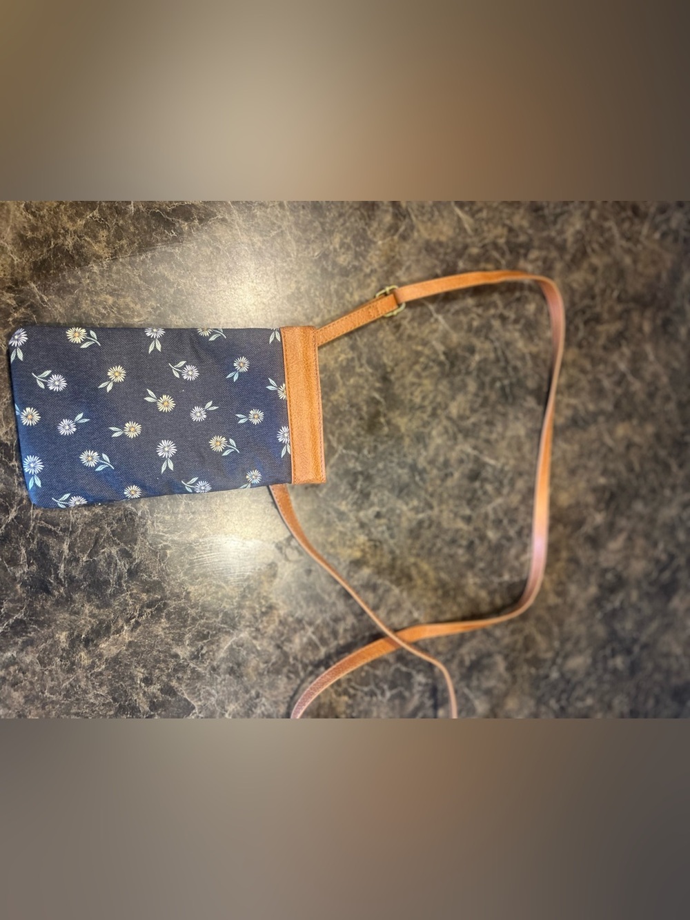 Women's Navy Floral Crossbody Bag with Tan Trim